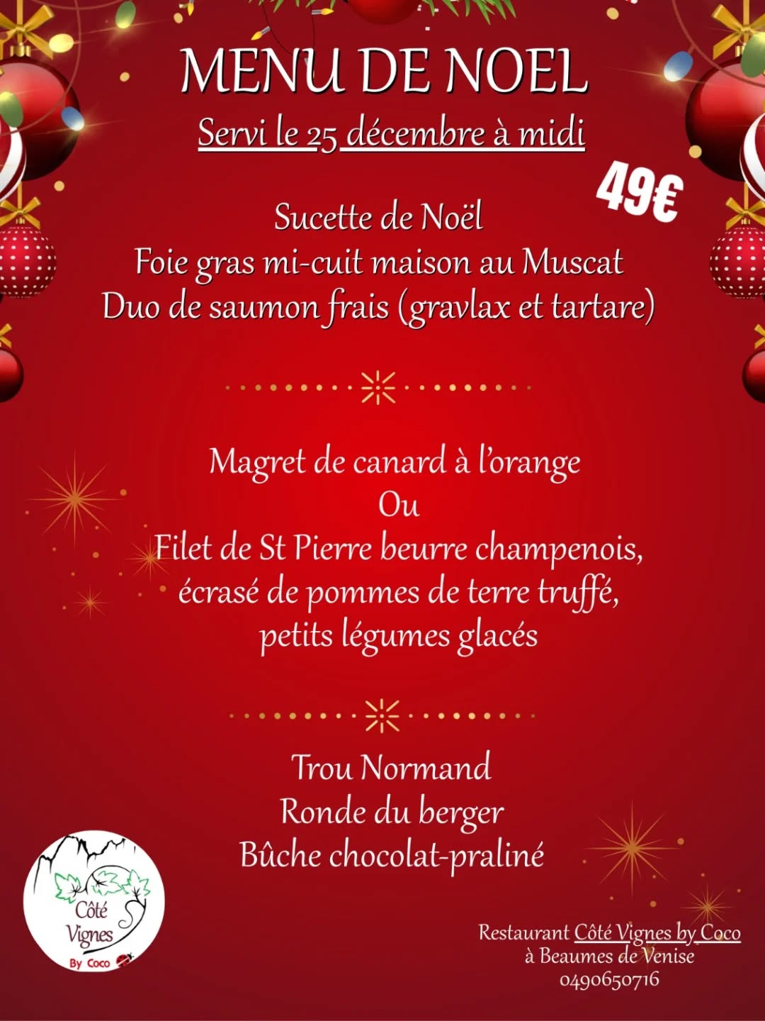 Menu de Nol au restaurant Ct vignes by Coco