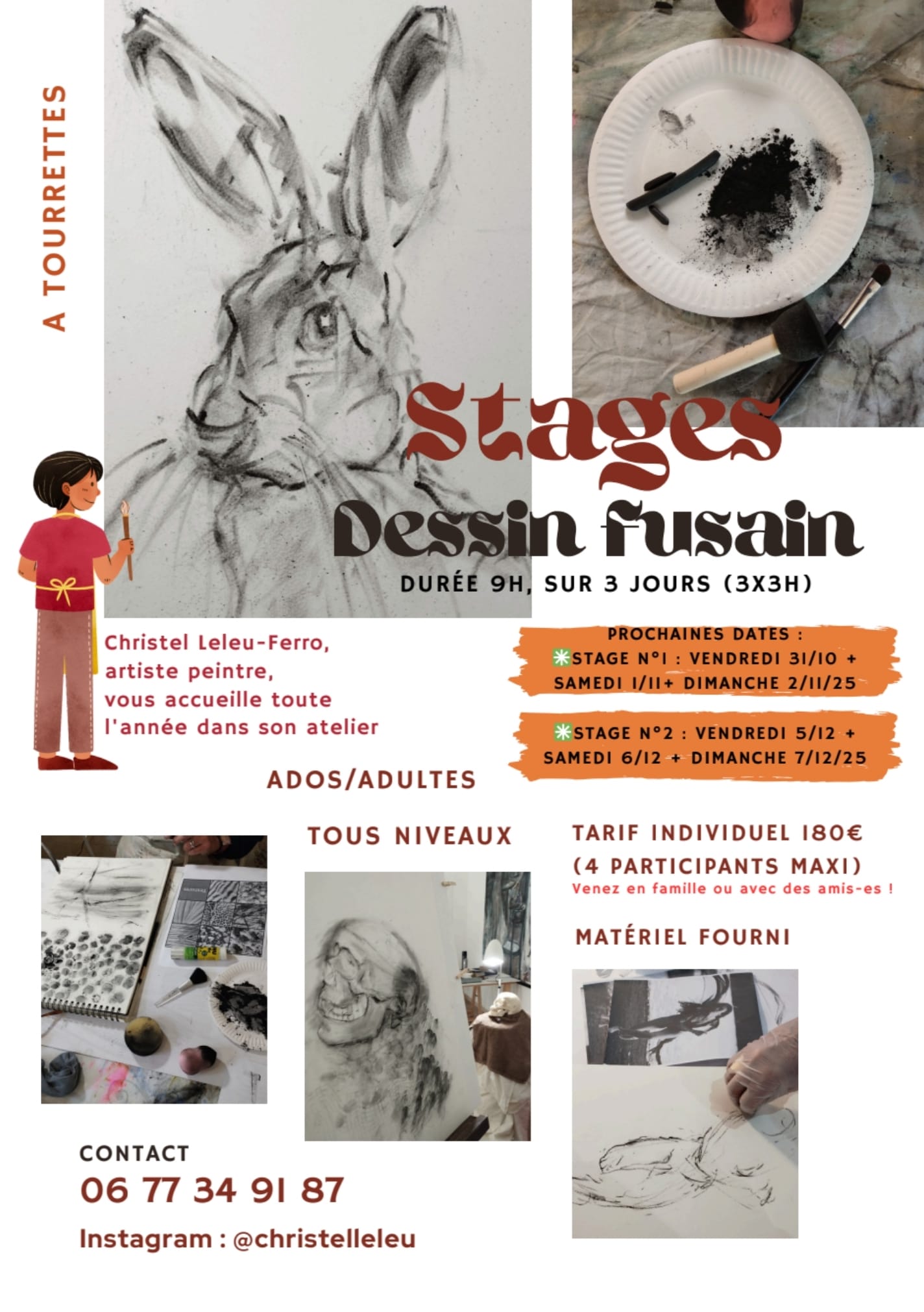 Stages de Dessin et de Fusain avec Christel Leleu, peintre