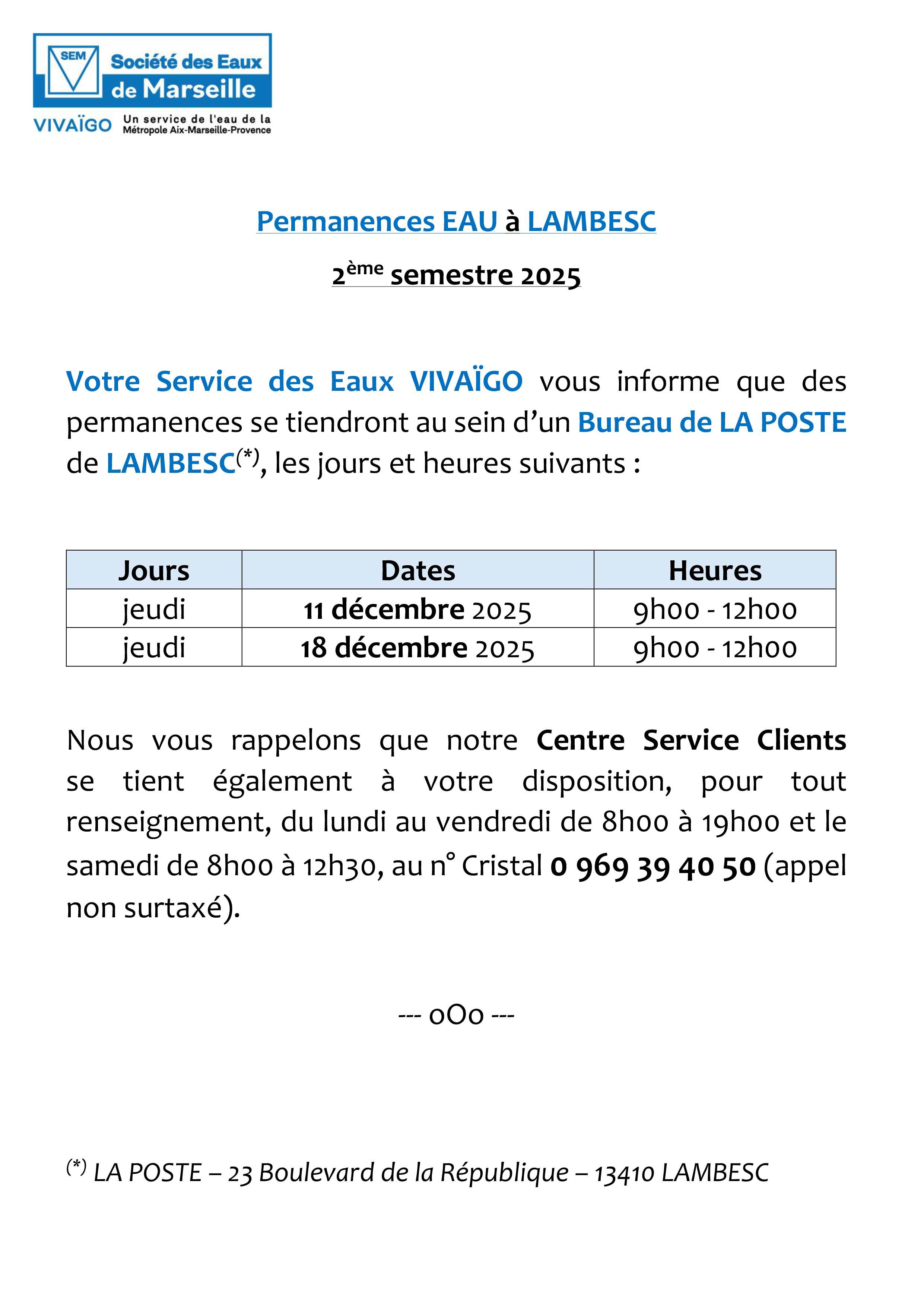 Permanence Service des Eaux Vivago