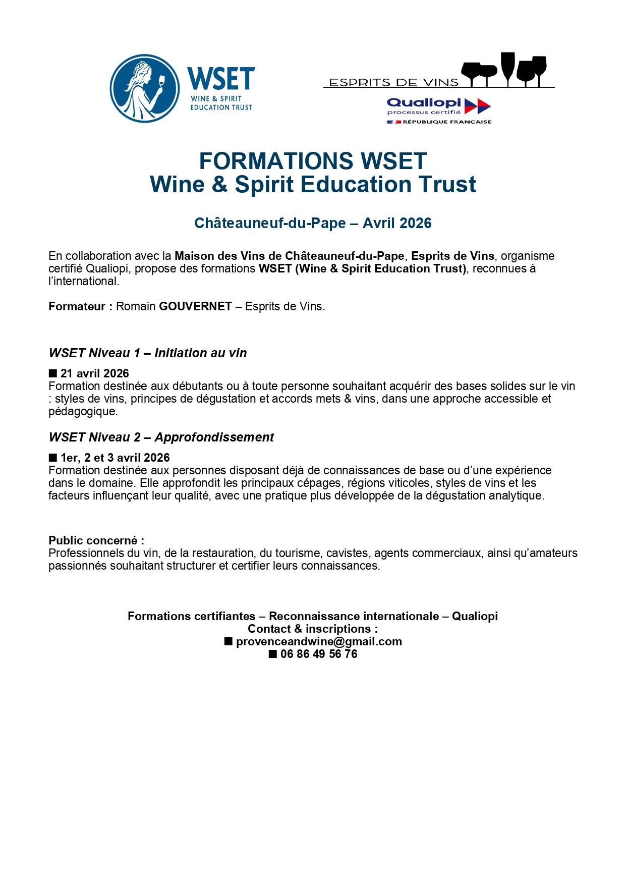 Formations du WSET 1 et 2 � Chateauneuf du Pape