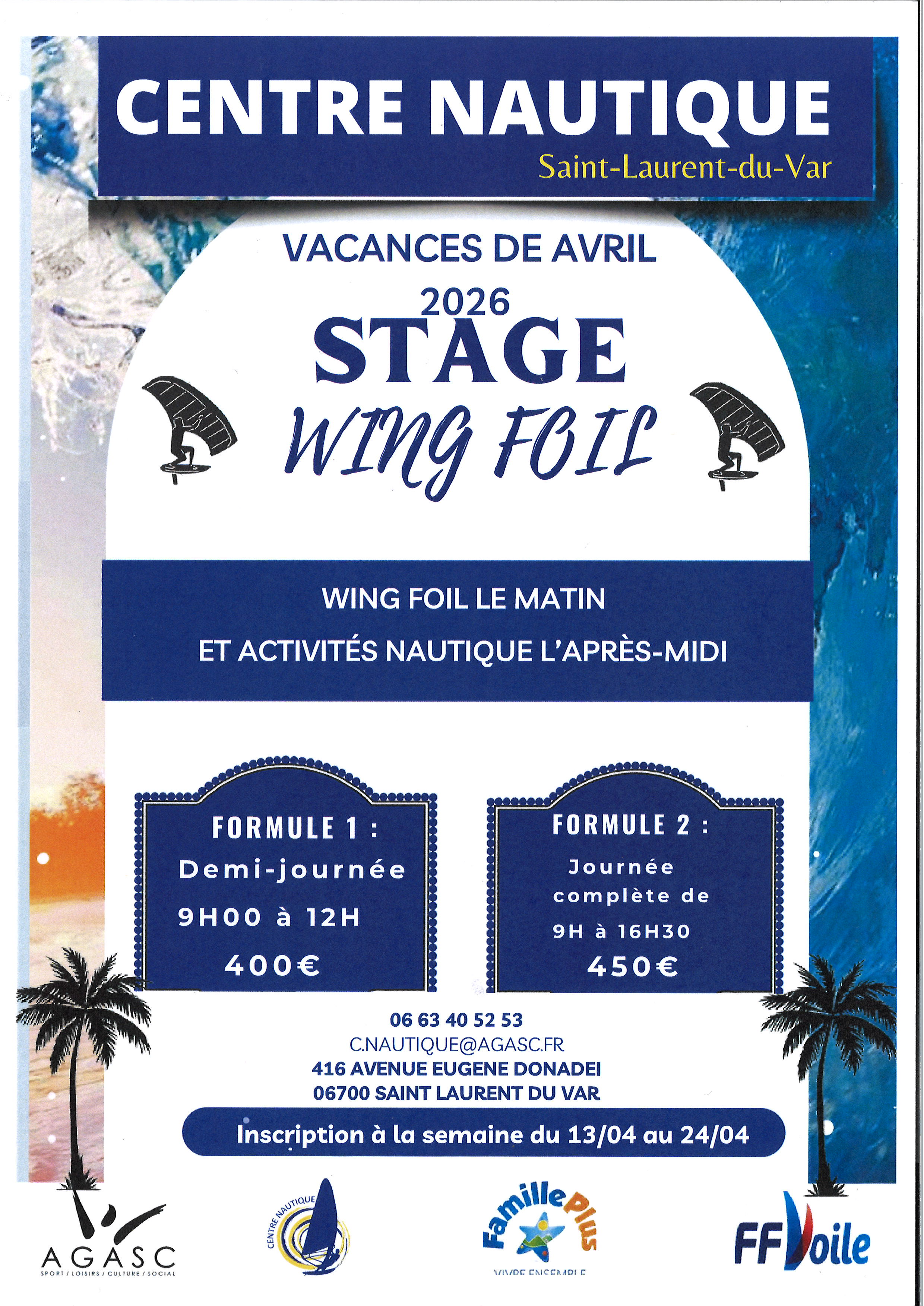 Stage Wing Foil centre nautique - animations vacances de printemps