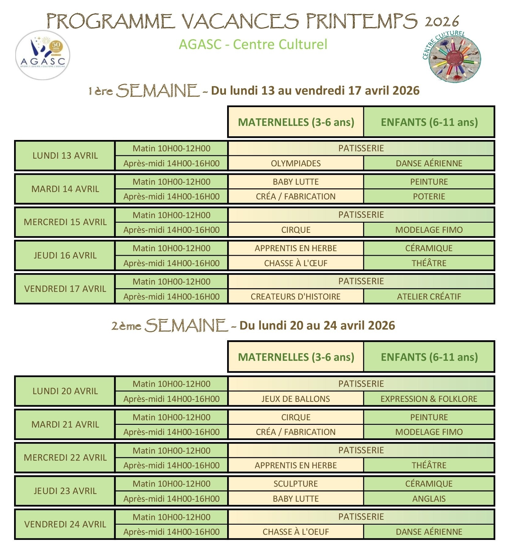 Stages centre culturel - animations vacances de printemps