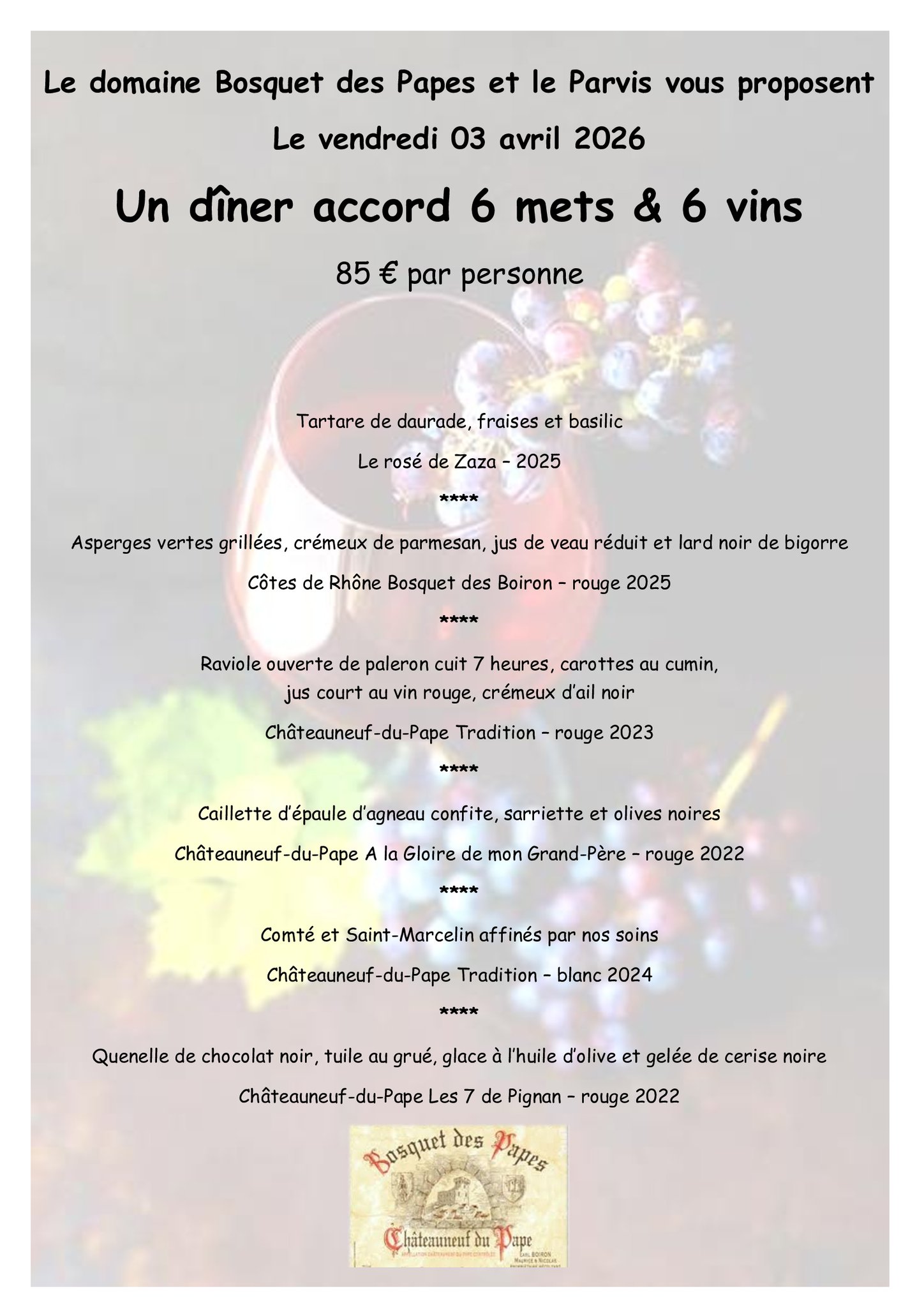 D�ner accord mets & vins au restaurant Le Parvis
