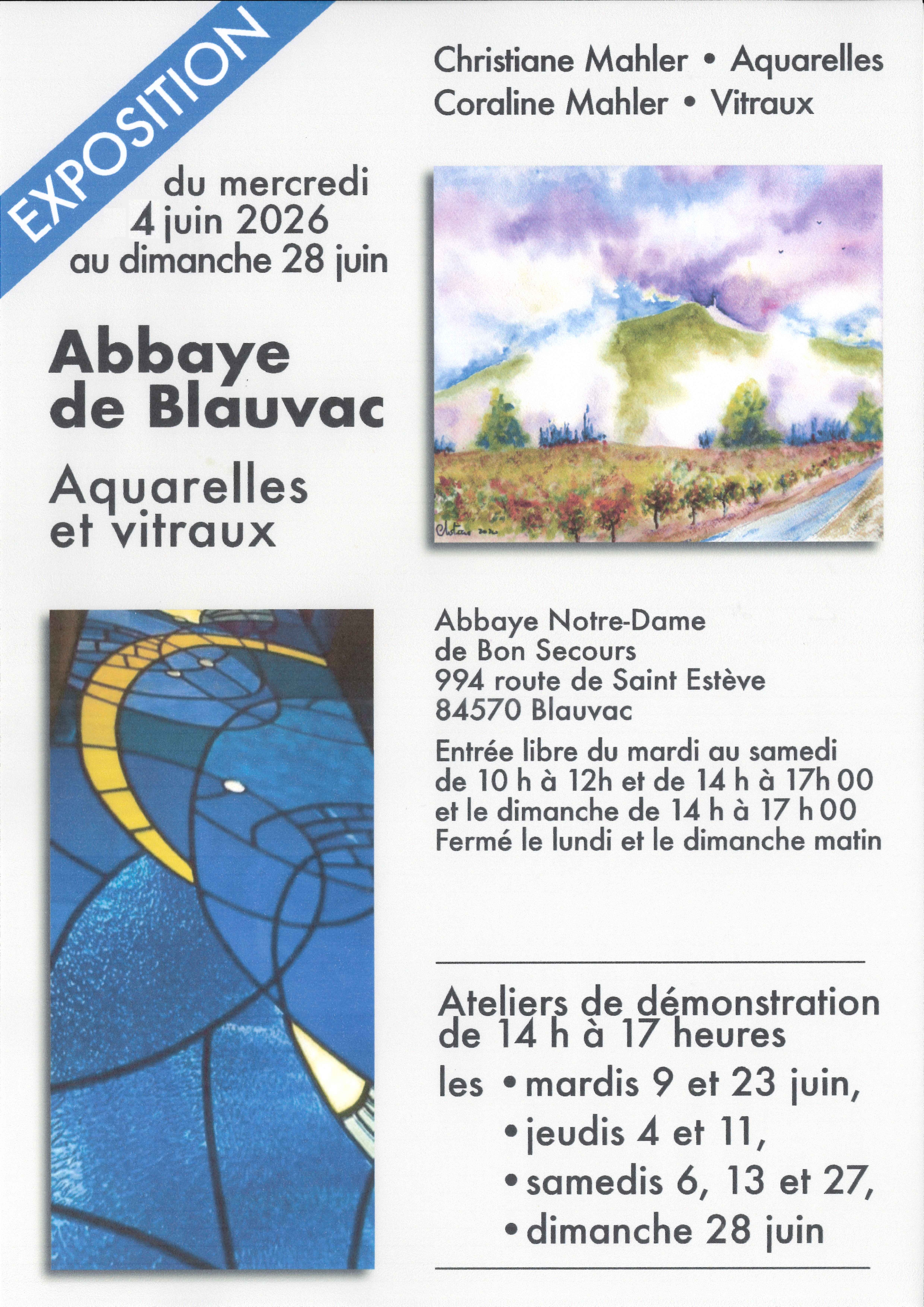 Exposition d'Aquarelles et vitraux � l'Abbaye Notre Dame de Bon Secours