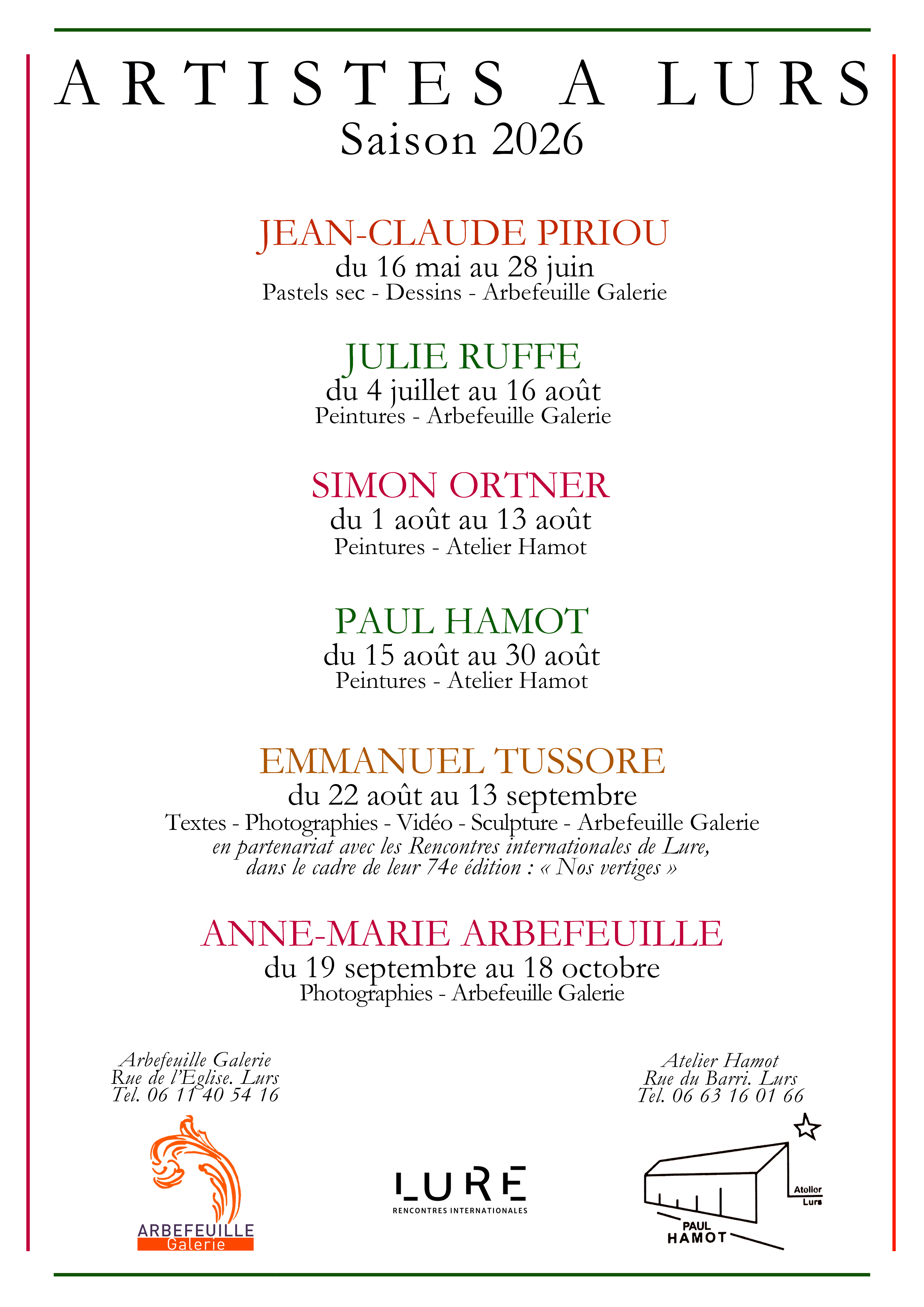 Expositions ''Artistes � Lurs'' Saison 2026