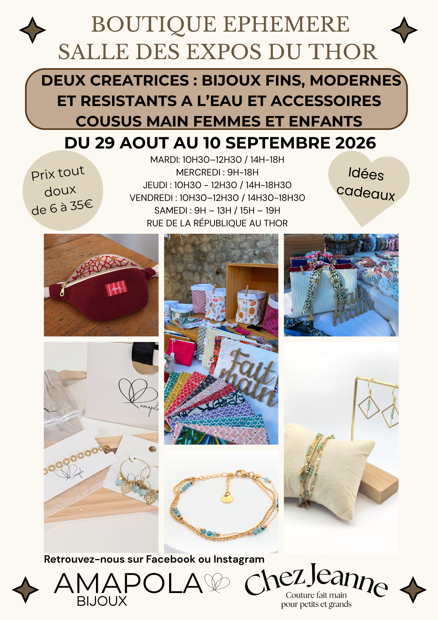 Boutique �ph�m�re au Thor ! Deux cr�atrices : bijoux fins, modernes et r�sistants � l'eau et accessoires cousus main femme et enfants