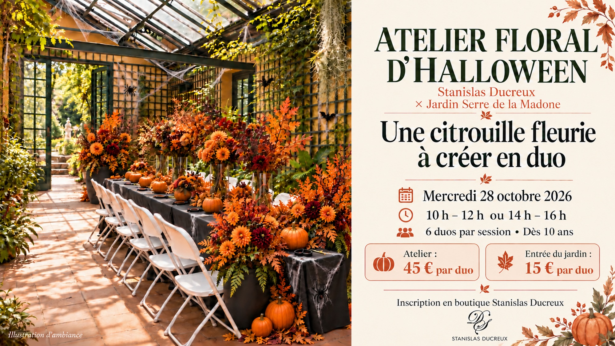 Atelier floral d'halloween : Une citrouilles fleurie � cr�er en duo.