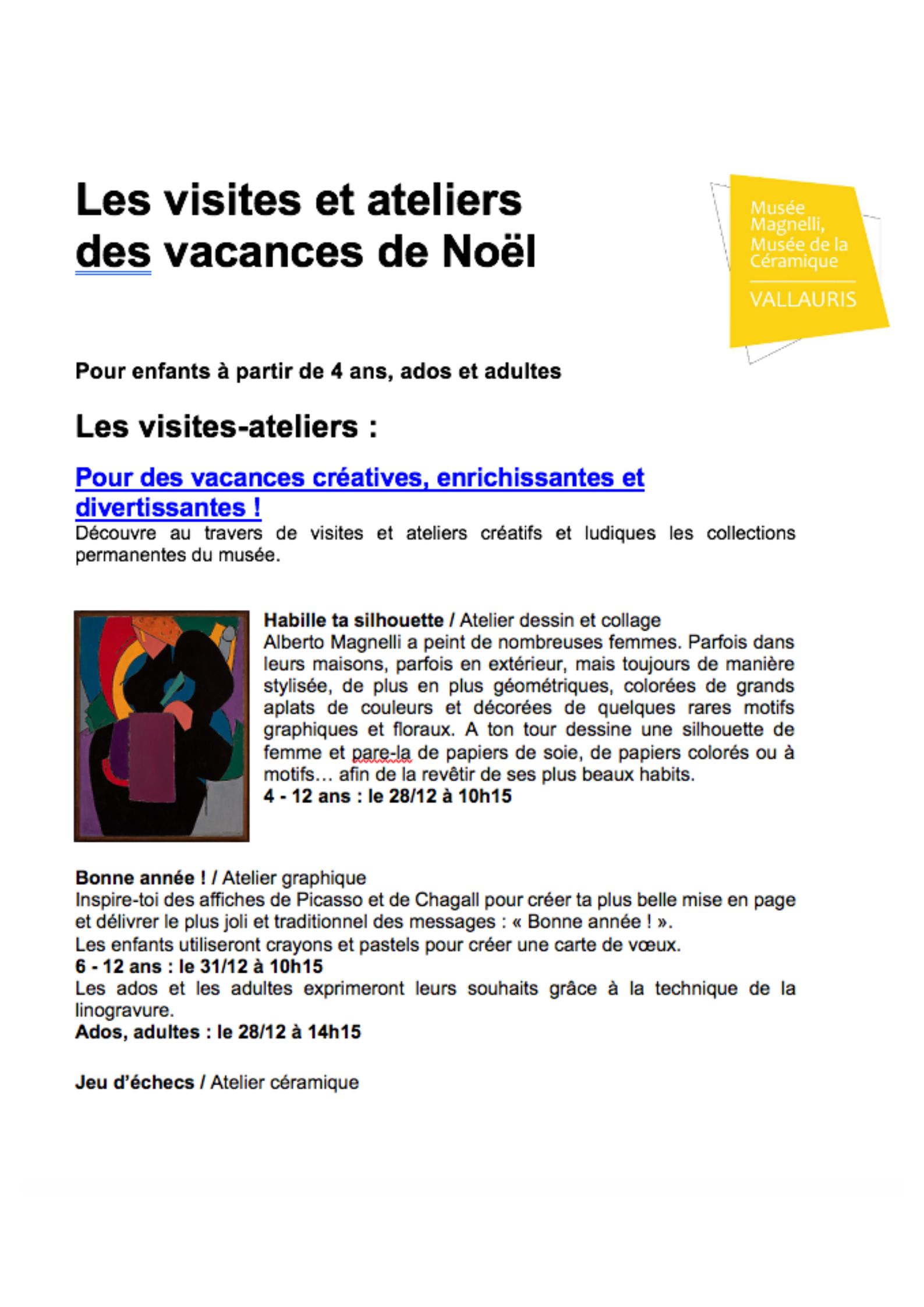 Les visites et ateliers des vacances de No�l